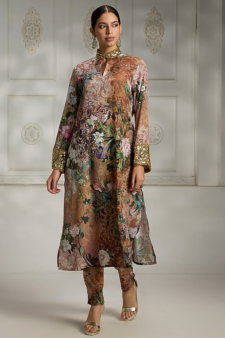 Rust Crepe Floral Printed Tunic Set by Rivaar by rocky star at Pernia's Pop Up Shop