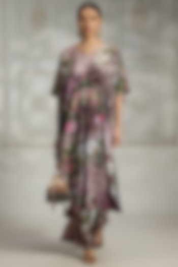 Maroon Crepe Floral Printed Kaftan Tunic Set by Rivaar by rocky star at Pernia's Pop Up Shop
