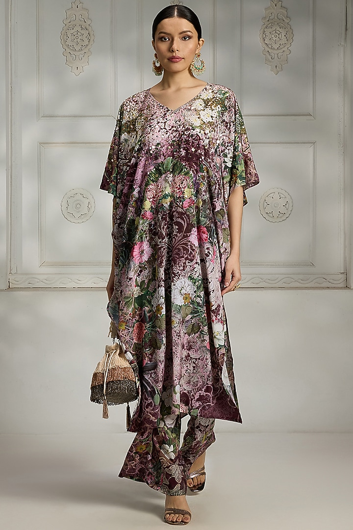 Maroon Crepe Floral Printed Kaftan Tunic Set by Rivaar by rocky star at Pernia's Pop Up Shop