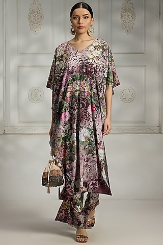 Maroon Crepe Floral Printed Kaftan Tunic Set by Rivaar by rocky star