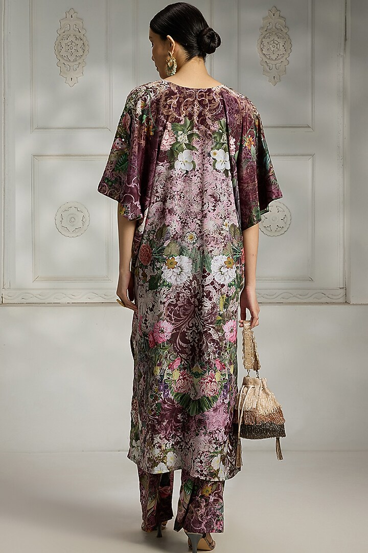 Maroon Crepe Floral Printed Kaftan Tunic Set by Rivaar by rocky star at Pernia's Pop Up Shop