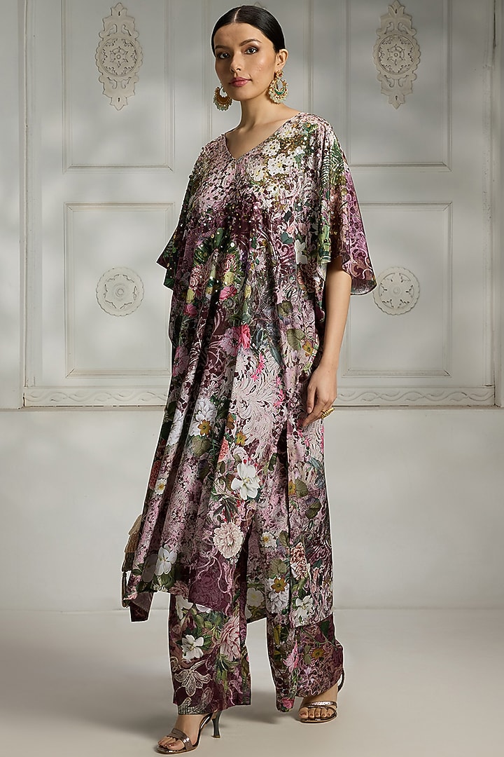 Maroon Crepe Floral Printed Kaftan Tunic Set by Rivaar by rocky star at Pernia's Pop Up Shop