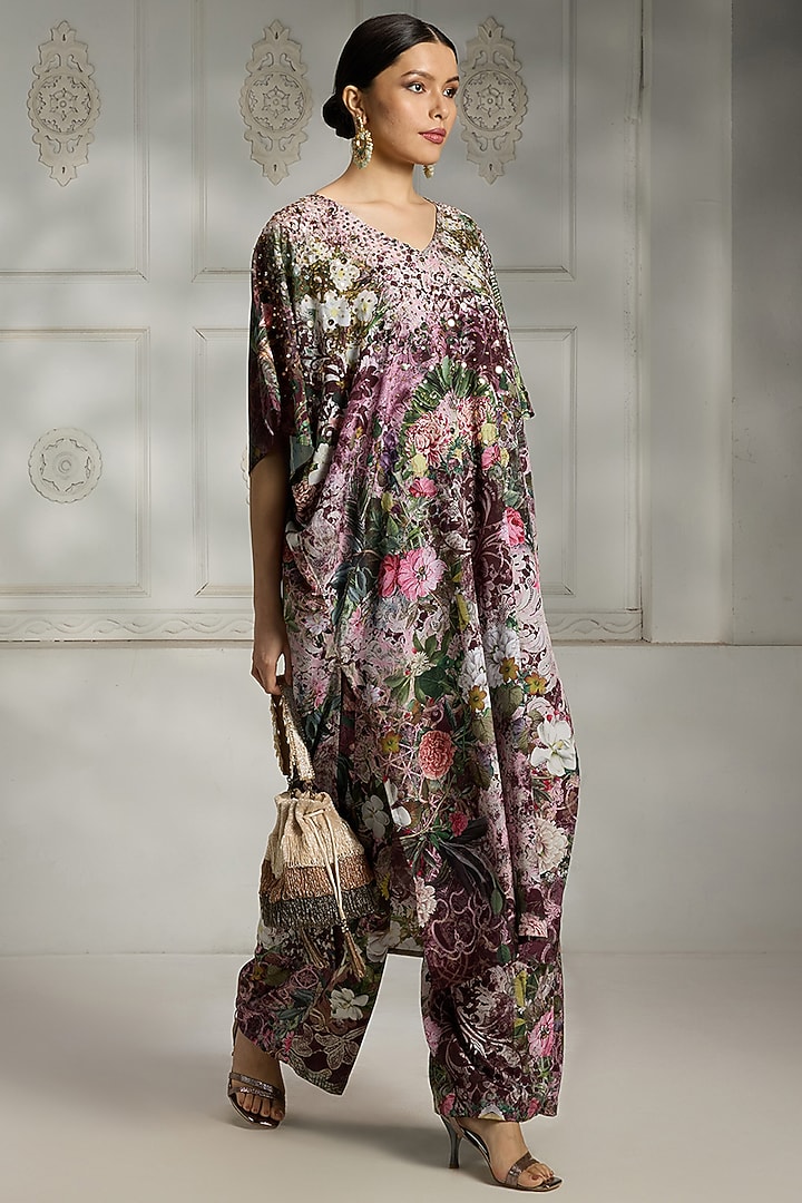 Maroon Crepe Floral Printed Kaftan Tunic Set by Rivaar by rocky star at Pernia's Pop Up Shop