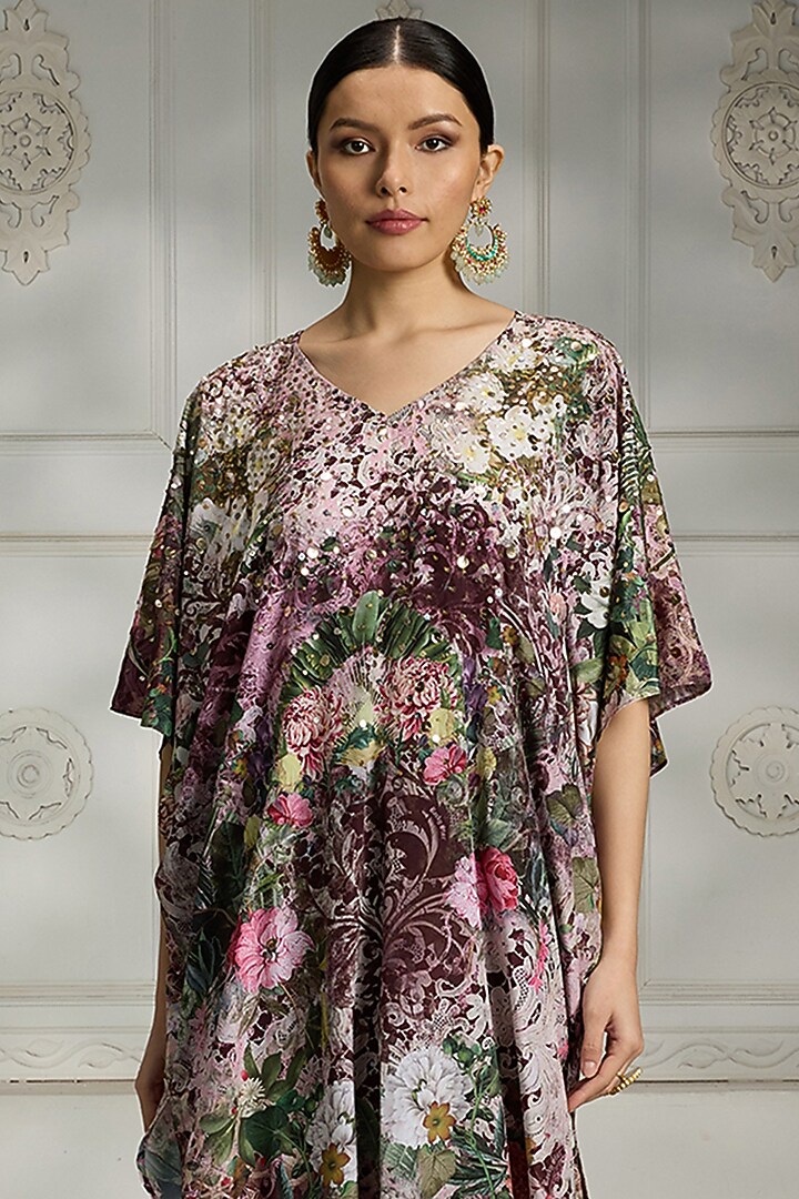 Maroon Crepe Floral Printed Kaftan Tunic Set by Rivaar by rocky star at Pernia's Pop Up Shop