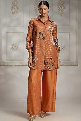 Rust Polyester Blend Floral Digital Printed Shirt Kurta by Rivaar by rocky star