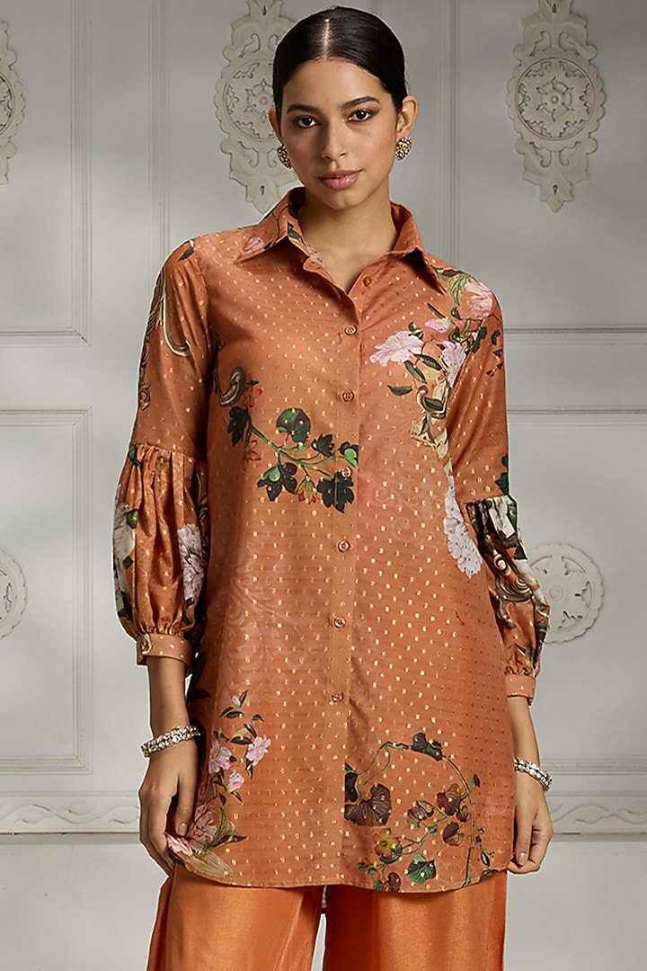 Rust Polyester Blend Floral Digital Printed Shirt Kurta by Rivaar by rocky star at Pernia's Pop Up Shop