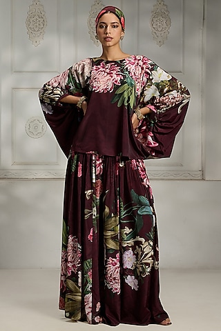 Maroon Crepe Floral Digital Printed Kurta by Rivaar by rocky star