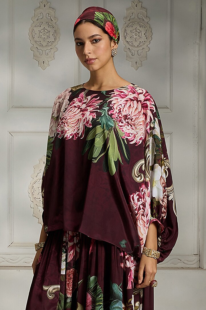 Maroon Crepe Floral Digital Printed Kurta by Rivaar by rocky star at Pernia's Pop Up Shop