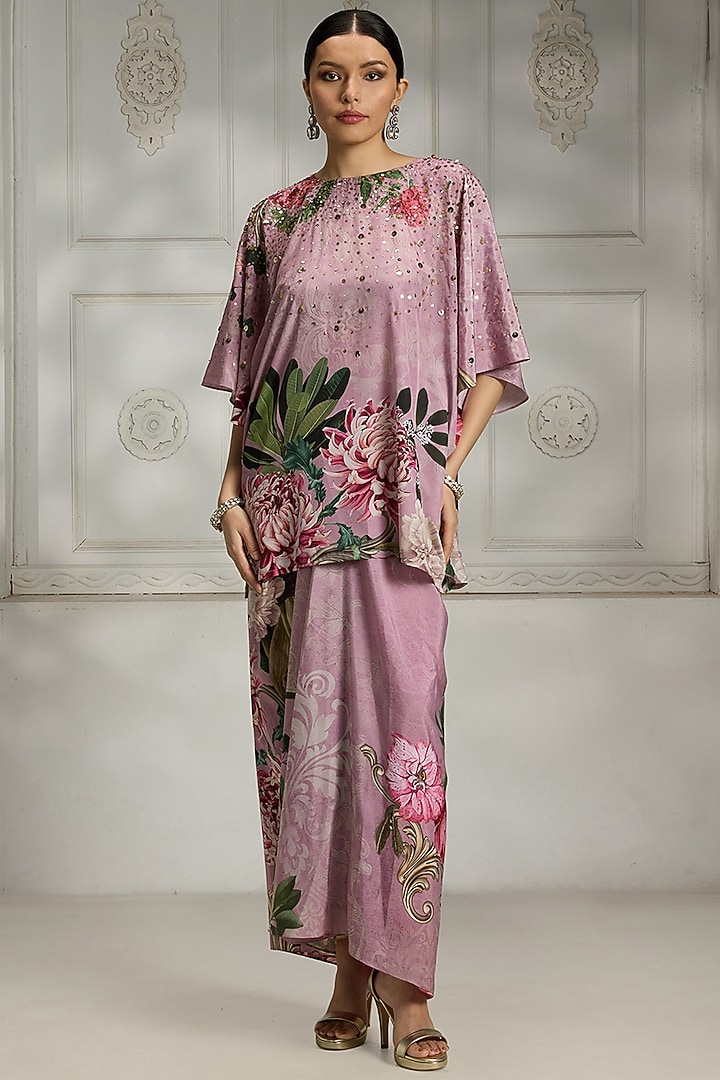 Pink Crepe Floral Digital Printed & Sequin Embellished Kurta by Rivaar by rocky star at Pernia's Pop Up Shop