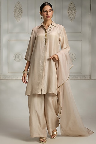 Ivory Silk Gold Embroidered Kurta by Rivaar by rocky star