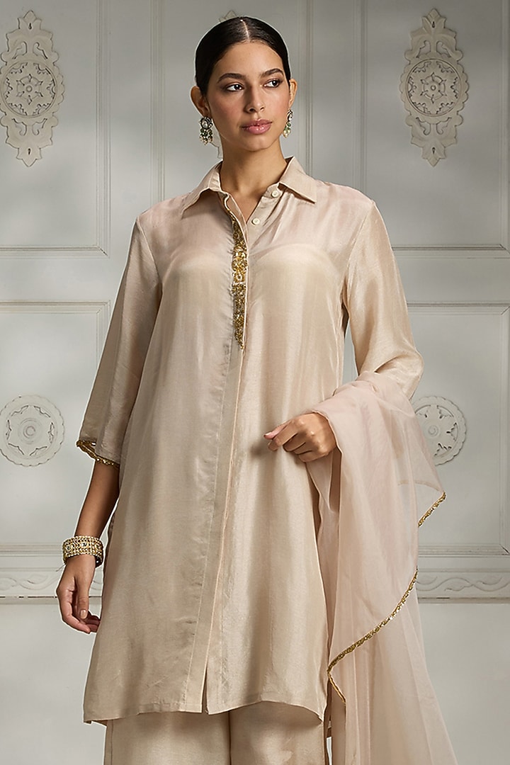 Ivory Silk Gold Embroidered Kurta by Rivaar by rocky star at Pernia's Pop Up Shop