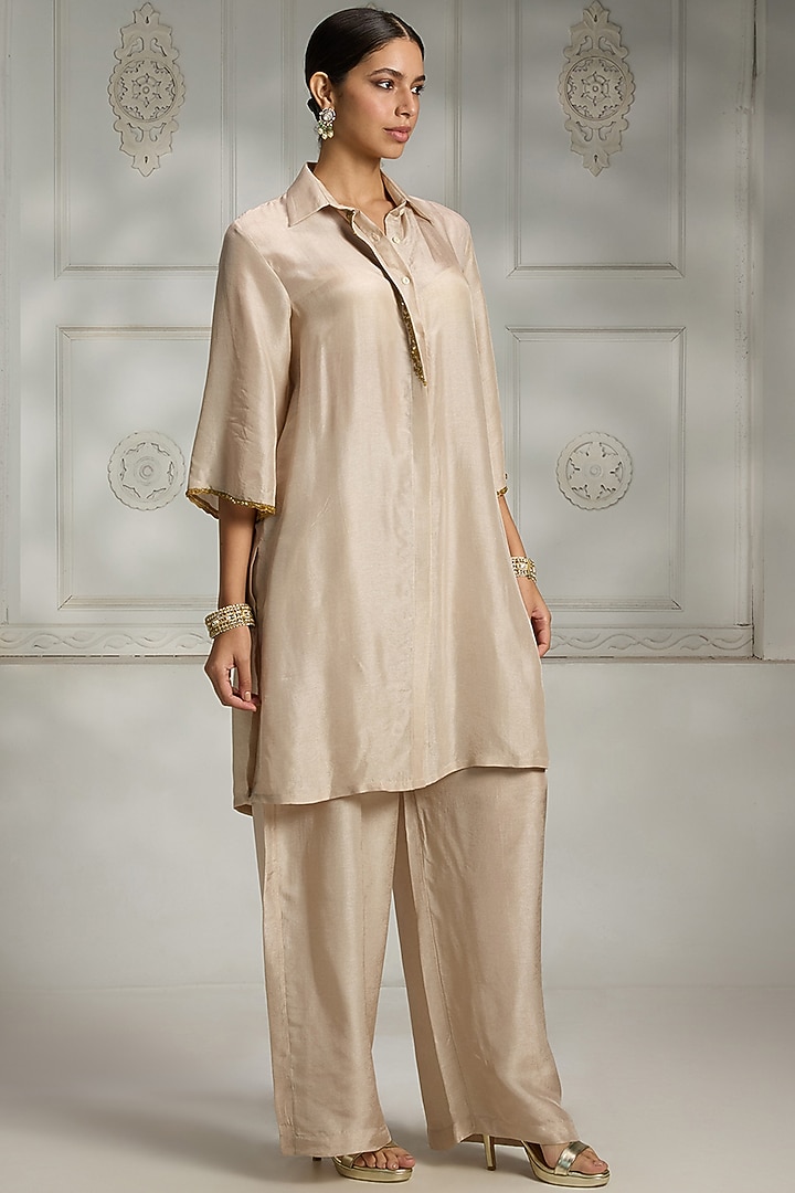 Ivory Silk Gold Embroidered Kurta by Rivaar by rocky star at Pernia's Pop Up Shop