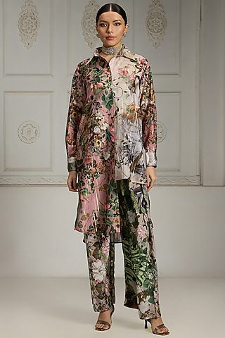 Pink & Ivory Polyester Blend Floral Digital Printed Kurta by Rivaar by rocky star