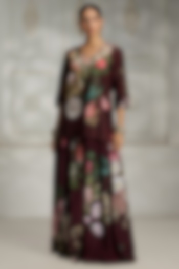 Maroon Polyester Blend Digital Printed & Embellished Kurta by Rivaar by rocky star at Pernia's Pop Up Shop
