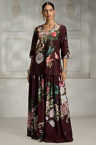 Maroon Polyester Blend Digital Printed & Embellished Kurta by Rivaar by rocky star