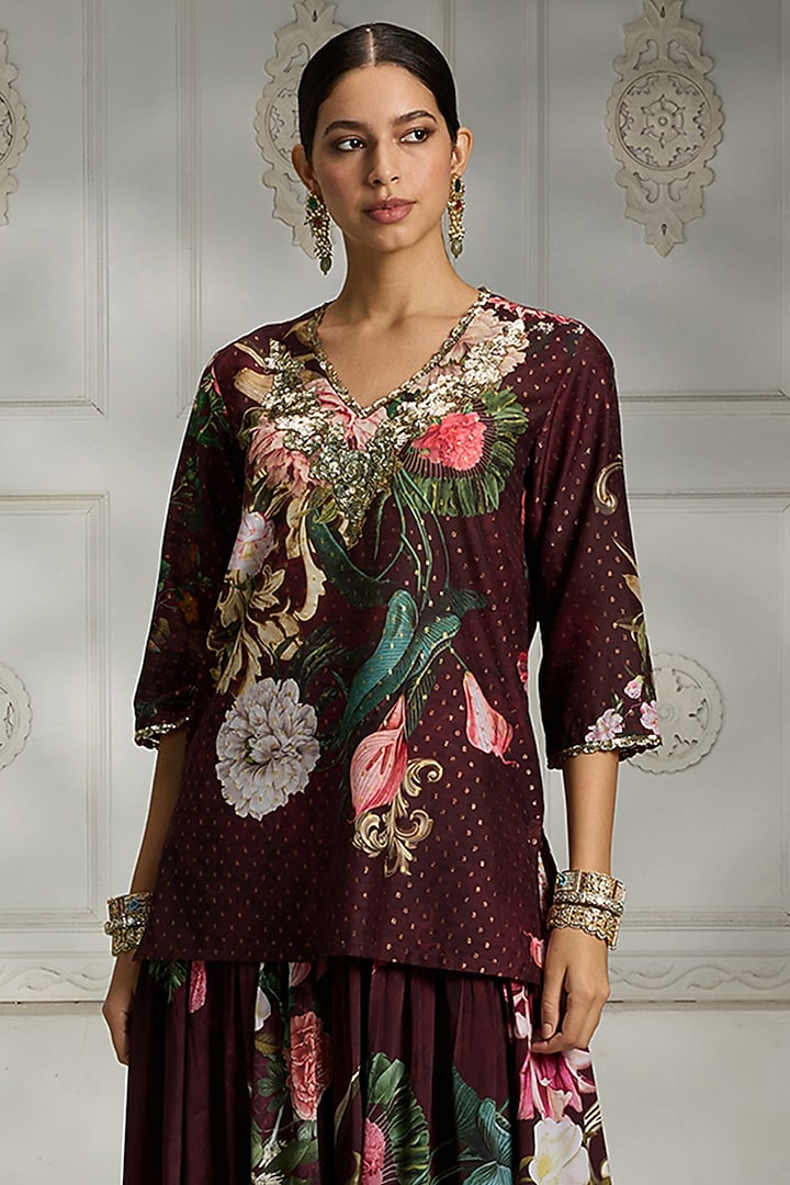 Maroon Polyester Blend Digital Printed & Embellished Kurta by Rivaar by rocky star at Pernia's Pop Up Shop