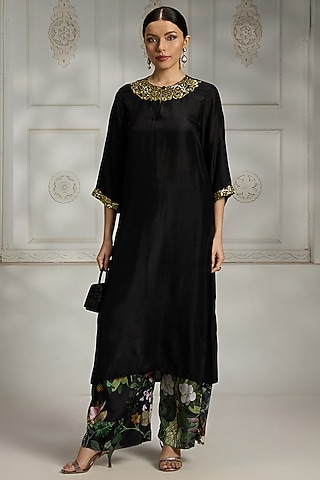 Black Silk Gold Embroidered Kurta by Rivaar by rocky star