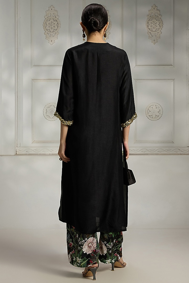 Black Silk Gold Embroidered Kurta by Rivaar by rocky star at Pernia's Pop Up Shop