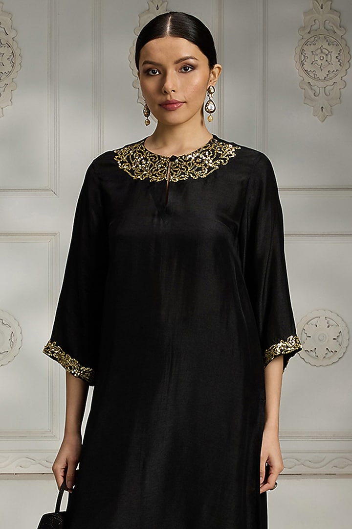 Black Silk Gold Embroidered Kurta by Rivaar by rocky star at Pernia's Pop Up Shop