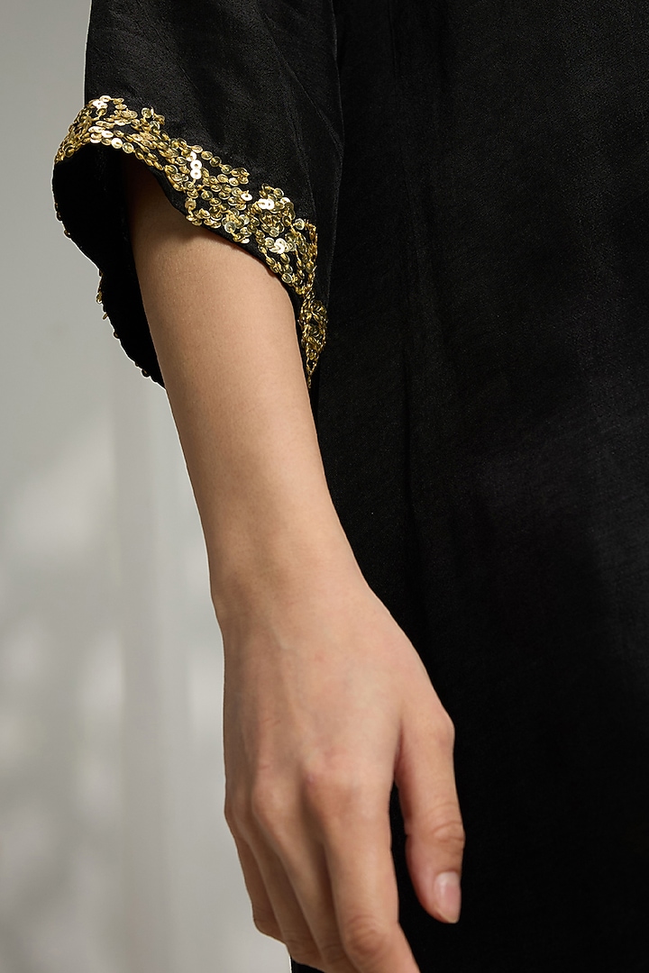 Black Silk Gold Embroidered Kurta by Rivaar by rocky star at Pernia's Pop Up Shop