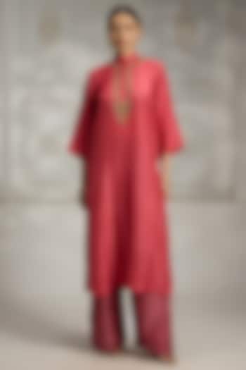 Bright Pink Silk & Linen Embroidered Kurta by Rivaar by rocky star at Pernia's Pop Up Shop