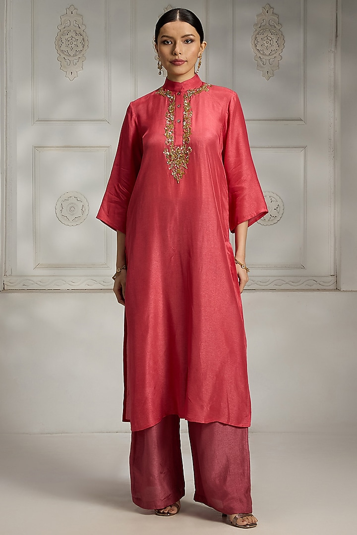 Bright Pink Silk & Linen Embroidered Kurta by Rivaar by rocky star at Pernia's Pop Up Shop
