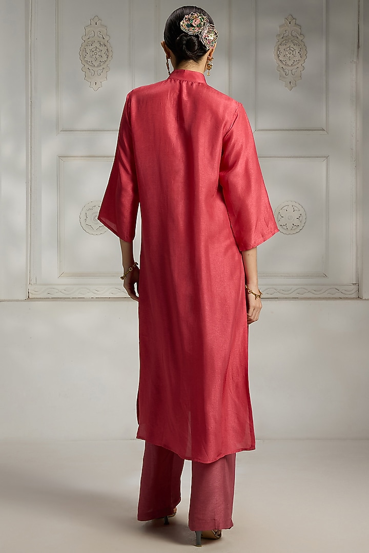 Bright Pink Silk & Linen Embroidered Kurta by Rivaar by rocky star at Pernia's Pop Up Shop
