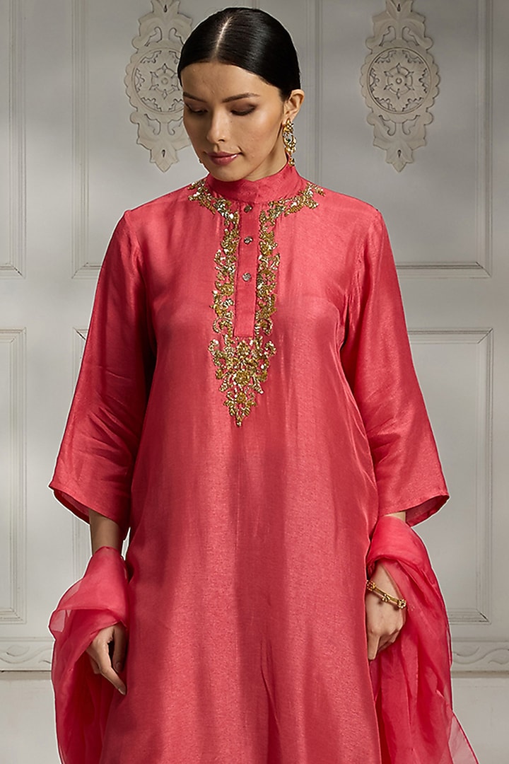 Bright Pink Silk & Linen Embroidered Kurta by Rivaar by rocky star at Pernia's Pop Up Shop