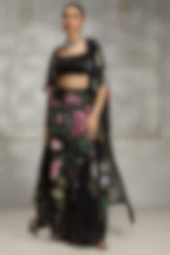 Black Crepe Kimono-Style Botanical Printed Cape Set by Rivaar by rocky star at Pernia's Pop Up Shop