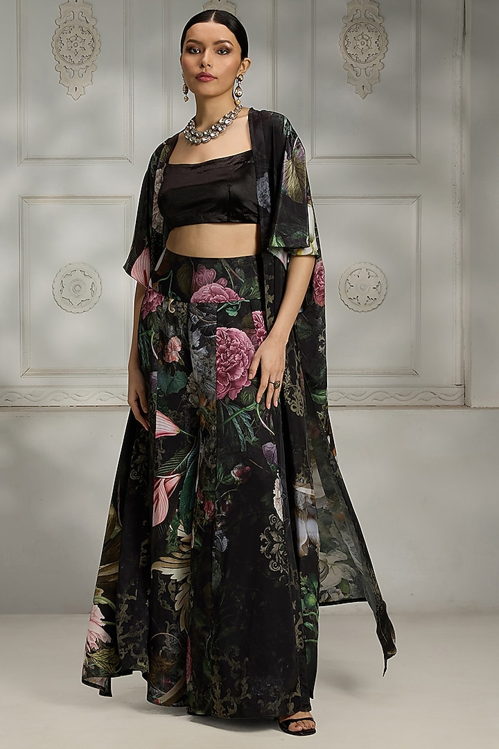 Black Crepe Kimono-Style Botanical Printed Cape Set by Rivaar by rocky star at Pernia's Pop Up Shop
