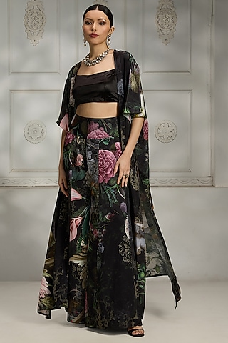 Black Crepe Kimono-Style Botanical Printed Cape Set by Rivaar by rocky star