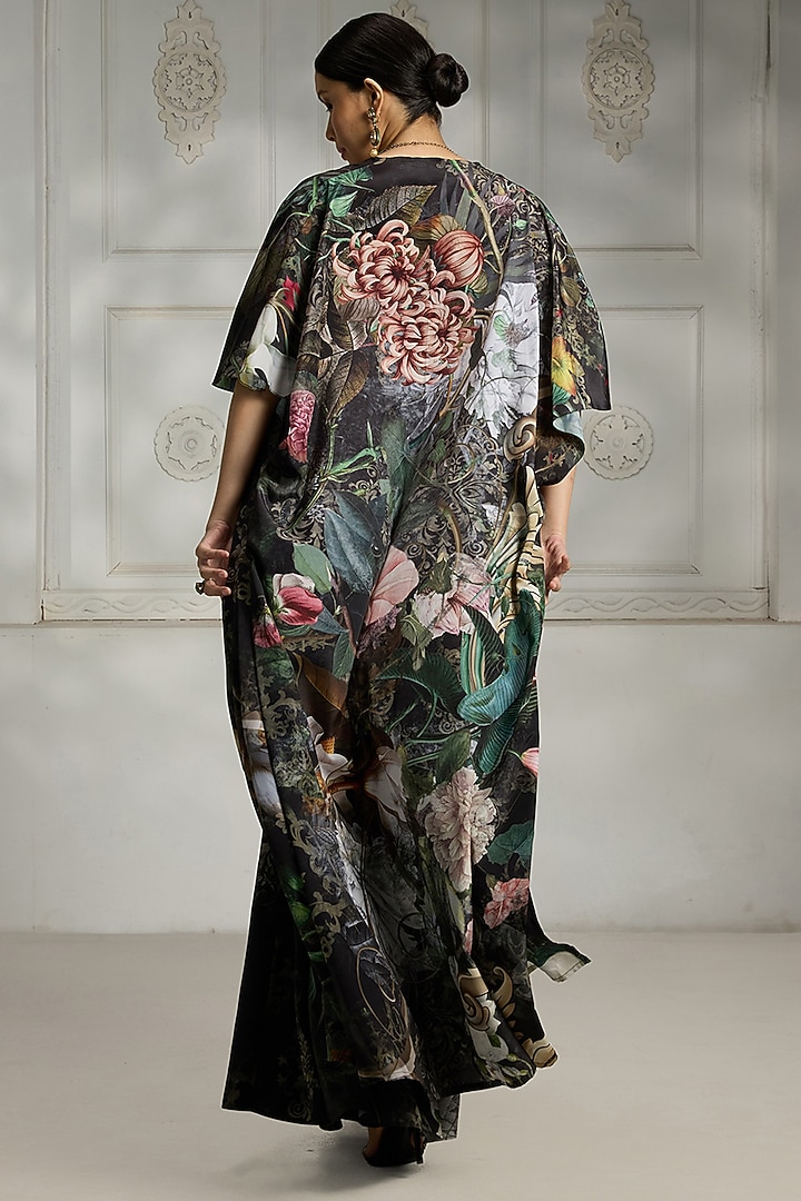 Black Crepe Kimono-Style Botanical Printed Cape Set by Rivaar by rocky star at Pernia's Pop Up Shop