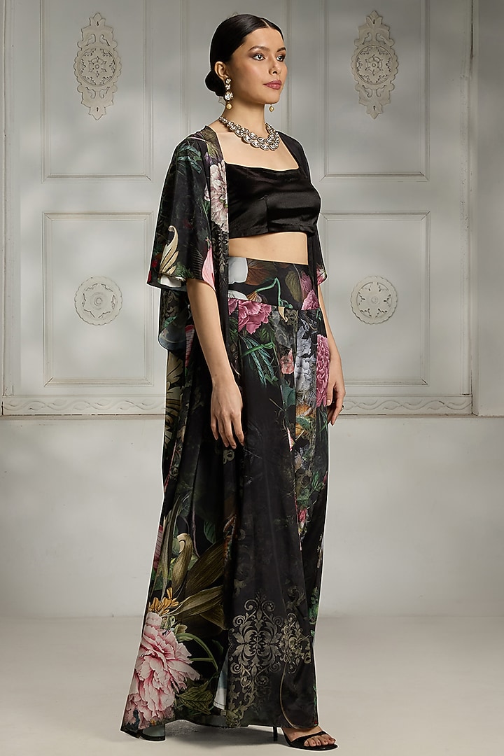Black Crepe Kimono-Style Botanical Printed Cape Set by Rivaar by rocky star at Pernia's Pop Up Shop