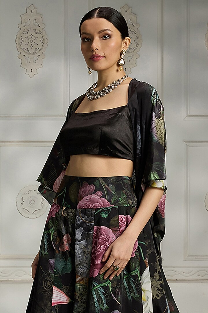 Black Crepe Kimono-Style Botanical Printed Cape Set by Rivaar by rocky star at Pernia's Pop Up Shop