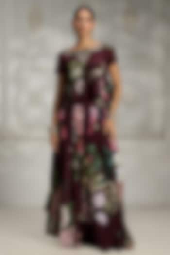 Maroon Crepe Botanical Printed Skirt Set by Rivaar by rocky star at Pernia's Pop Up Shop