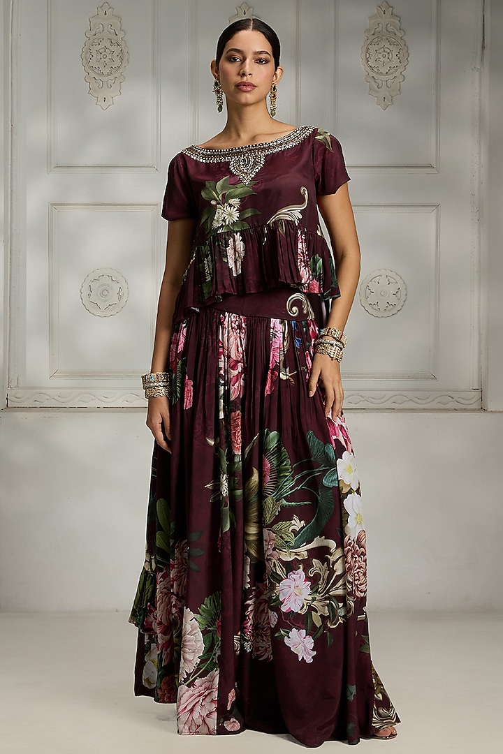 Maroon Crepe Botanical Printed Skirt Set by Rivaar by rocky star at Pernia's Pop Up Shop