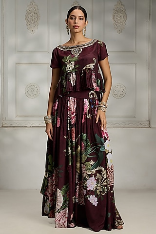 Maroon Crepe Botanical Printed Skirt Set by Rivaar by rocky star