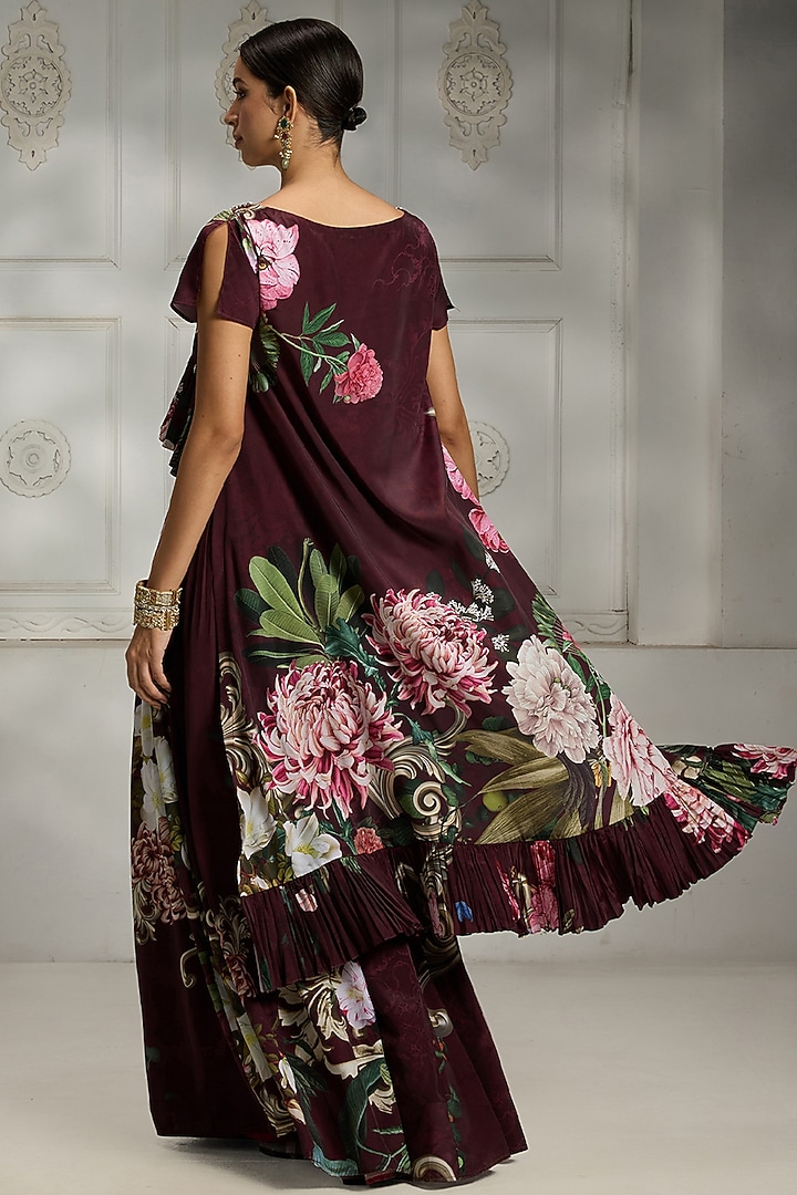 Maroon Crepe Botanical Printed Skirt Set by Rivaar by rocky star at Pernia's Pop Up Shop