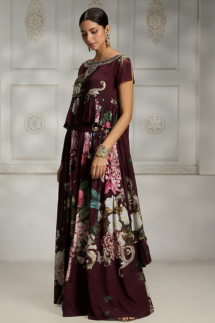 Maroon Crepe Botanical Printed Skirt Set by Rivaar by rocky star at Pernia's Pop Up Shop