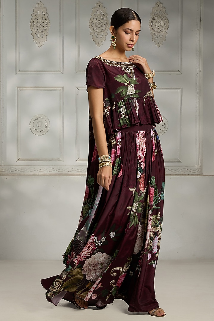 Maroon Crepe Botanical Printed Skirt Set by Rivaar by rocky star at Pernia's Pop Up Shop