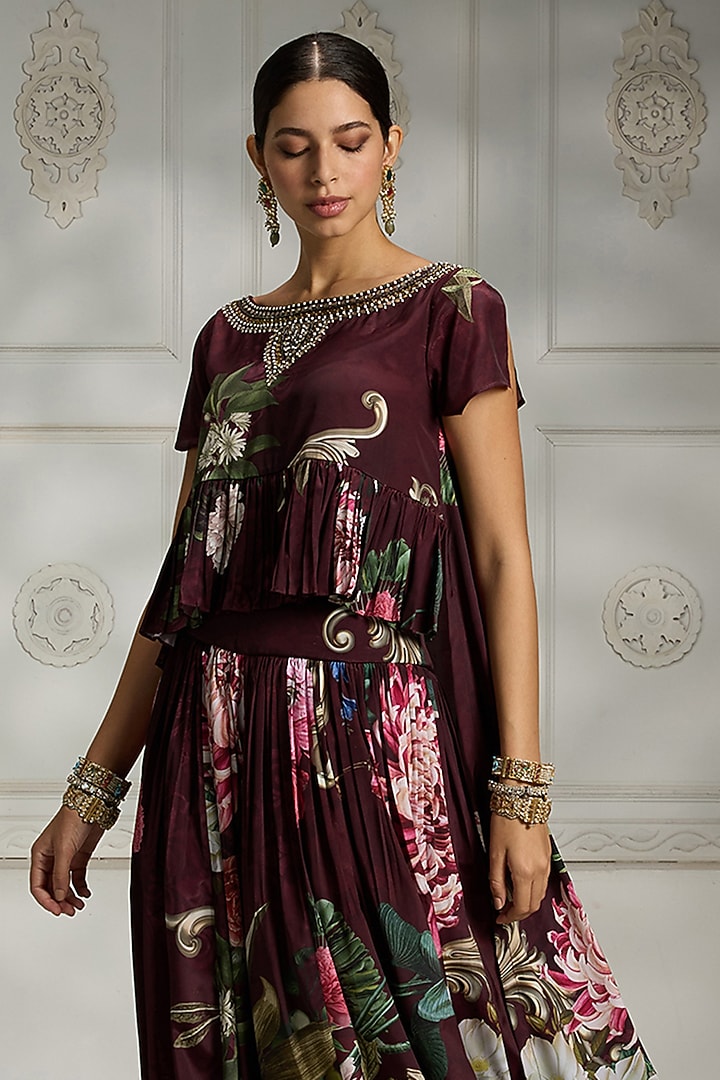 Maroon Crepe Botanical Printed Skirt Set by Rivaar by rocky star at Pernia's Pop Up Shop