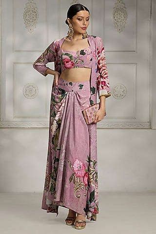 Pink Crepe Floral Printed Cape Set by Rivaar by rocky star