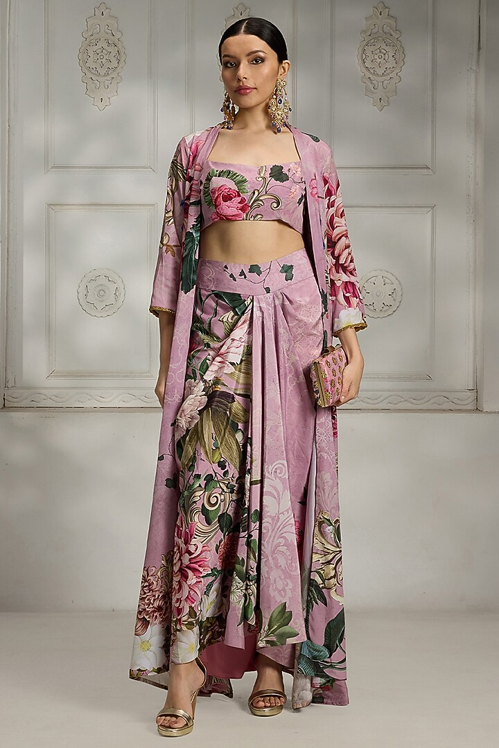 Pink Crepe Floral Printed Cape Set by Rivaar by rocky star at Pernia's Pop Up Shop