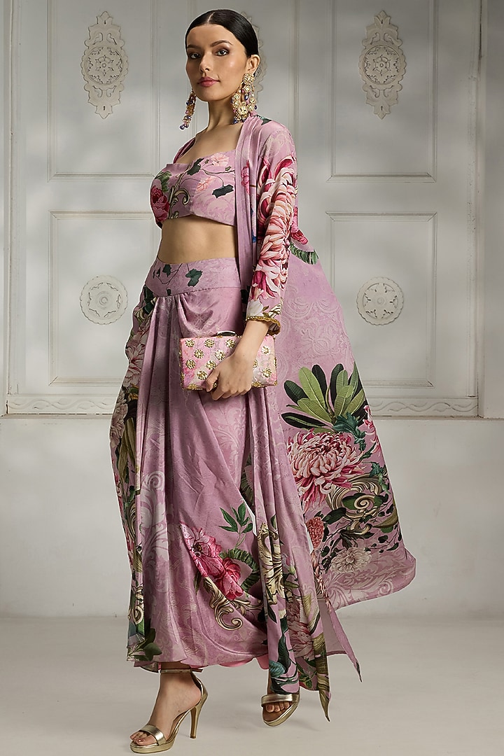 Pink Crepe Floral Printed Cape Set by Rivaar by rocky star at Pernia's Pop Up Shop