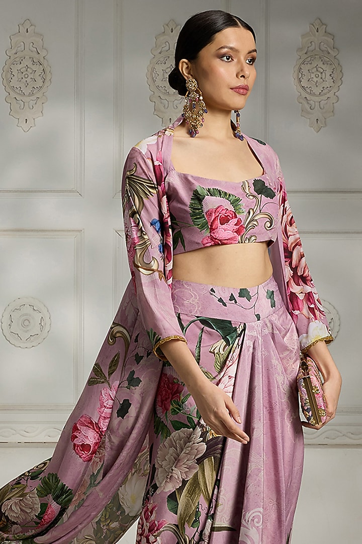 Pink Crepe Floral Printed Cape Set by Rivaar by rocky star at Pernia's Pop Up Shop