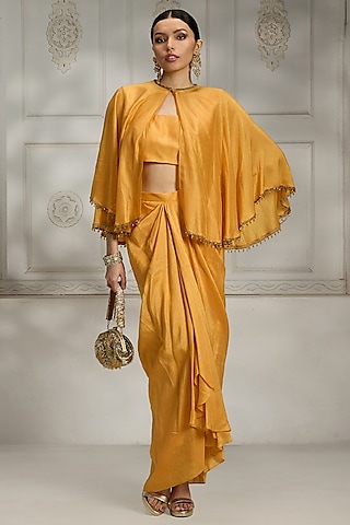 Yellow Crepe Draped Skirt Set by Rivaar by rocky star