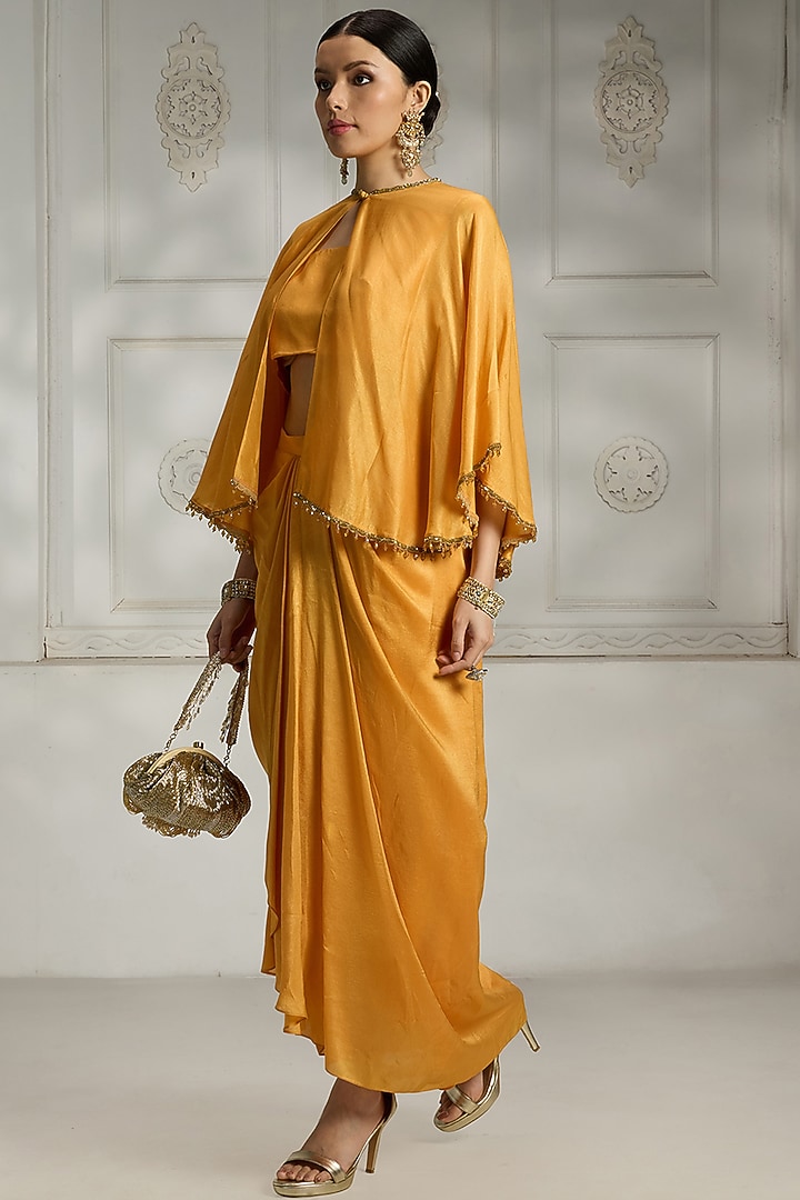Yellow Crepe Draped Skirt Set by Rivaar by rocky star at Pernia's Pop Up Shop