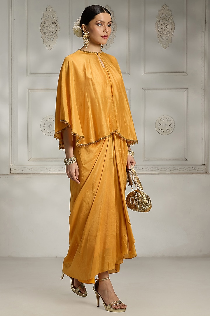Yellow Crepe Draped Skirt Set by Rivaar by rocky star at Pernia's Pop Up Shop