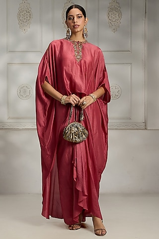 Onion Pink Russian Silk Draped Skirt Set by Rivaar by rocky star