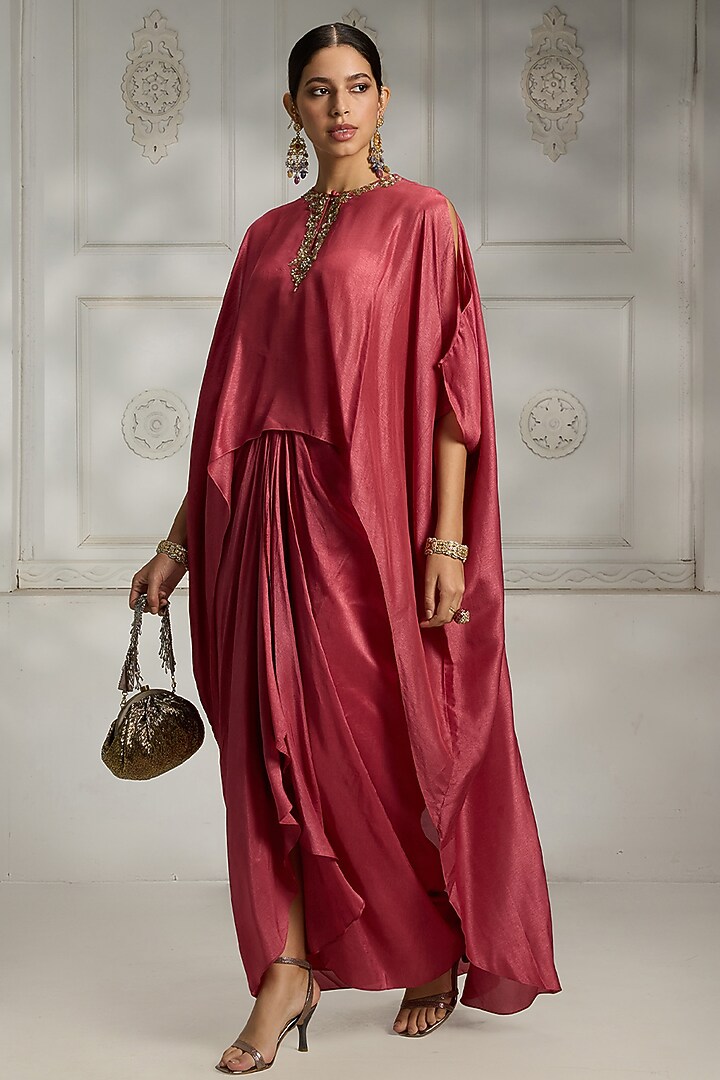 Onion Pink Russian Silk Draped Skirt Set by Rivaar by rocky star at Pernia's Pop Up Shop